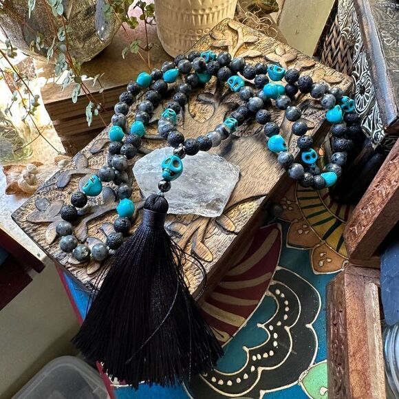 Skull Turquoise And Lava Stone Mala Necklace - Picture 2 of 6